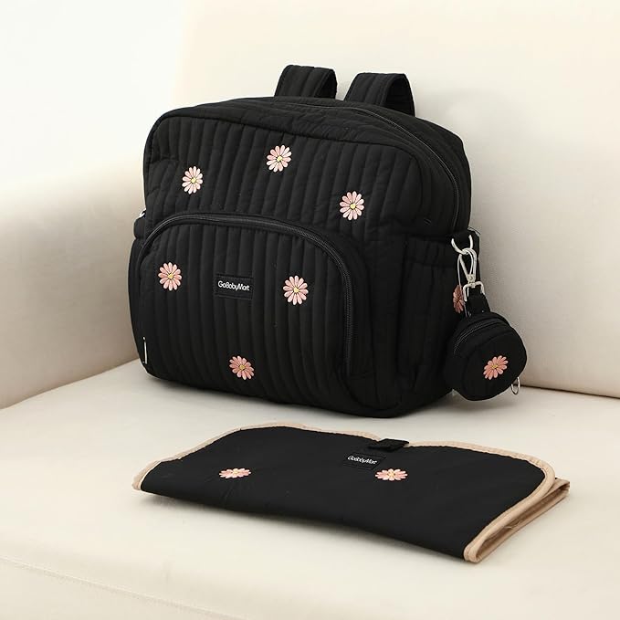 GOBABYMART Diaper Bag Backpack, Medium Maternity baby bag & Changing Pad, Insulated Pockets, Stroller Straps & Pacifier Case (Medium - Black Flowers)