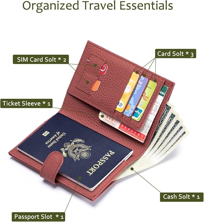 Slim RFID Passport Wallet for Women – Leather Travel Wallet Womens with Passport Slot & Card Slots, Zippered Coin Pocket & Cash Holder Travel Organizer Burnt Sienna (Brick Red)