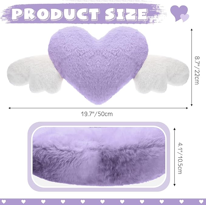 Macarrie 2 Pcs Plush Heart Shaped Pillow with Angel Wings Car Headrest Soft Comfortable Seat Pillow for Driving Travelling Room Office Car Decor, 19.7 x 8.3 Inch(Purple)