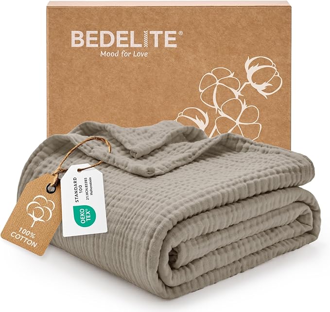 BEDELITE 100% Cotton Muslin Blankets for Adults - 4-Layer Twin Size Breathable and Lightweight Gauze Blanket for Couch, Bed, Travel and Summer, Soft & Cozy Gift for Women, Taupe, 60"x80"