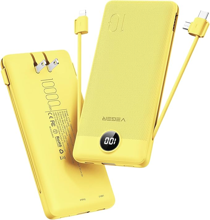 VEGER Portable Charger Power Bank with Built-in AC Plug and Cables, All in One 10000mAh Ultra Slim Travel Essentials, Fast Charging Battery Pack Compatible with iPhone, Samsung, Android, Yellow
