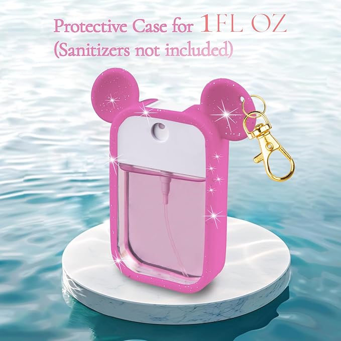 TERPINK 2 Pack Silicone Case Compatible with Touchland Hand Sanitizer Spray 1 fl oz, Mouse Design Protective Case with Keychain, Hand Sanitizer Spray Accessory (Glitter Sequin Blue+Hot Pink)