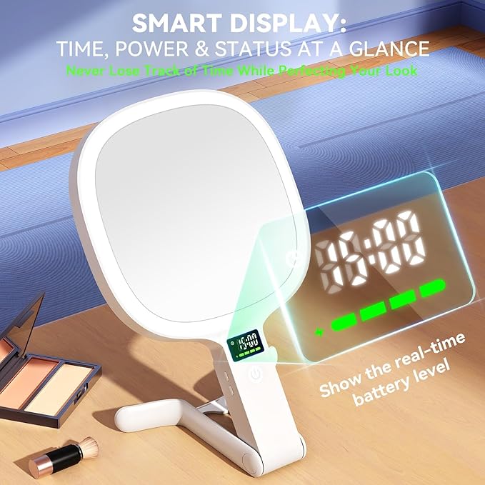 Auxmir 30X/1X Travel Makeup Mirror with Lights, Rechargeable Lighted Magnifying Mirror with LED Display, 3 Color Dimmable Vanity Mirror, Foldable Portable Mirror for Tabletop/Handheld/Hanging, White