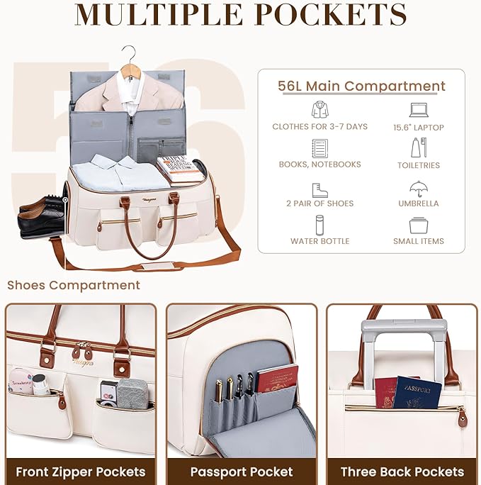 Convertible Garment Bag for Travel, PU Leather Carry On Garment Duffle Bag for Men Women, 2 in 1 Suit Travel Bags for Hanging Clothes with Shoe Compartment