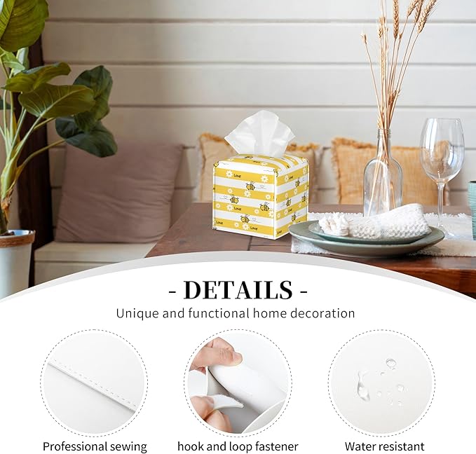 Cute Bees and Daisy Flowers Tissue Box Cover Square,Yellow Bee Daisies Love Tissue Box Holder Waterproof Leather Facial Paper Organizer Dispenser for Bathroom Home Car Nightstand Vanity Desk