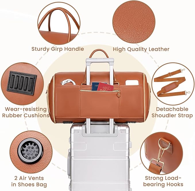 Suit Bag,Vessgra 56L Garment Bags for Travel,2 in 1 Leather Duffle Bags for Men Women, PU Leather Convertible Travel Bag with Shoe Compartment,Work Weekender Bussiness Wedding,Reddish Brown