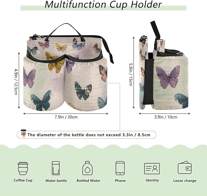 Luggage Cup Holder for Suitcases Free Hands Suitcase Cup Holder Travel Luggage Drink Holder Portable Luggage Cup Caddy Bag Carrier with Handle Vintage Beige Butterflies