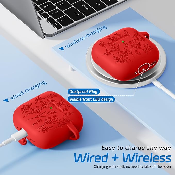 for Airpods 4 Case, Ekoonpft Flower Engraved Cases for Apple AirPods 4th Generation 2024, Soft Silicone Cover for Women Girly with 3-in-1 Cleaner Kit, Keychain, Military Grade Protection