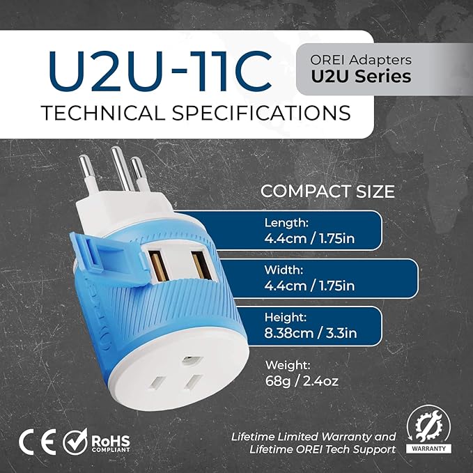 OREI Brazil Travel Plug Adapter with Dual USB - USA Input - Type N (U2U-11C), Will Work with Cell Phones, Camera, Laptop, Tablets, iPad, iPhone and More