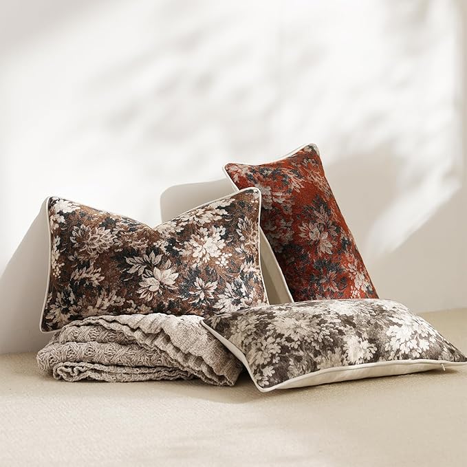 DEZENE Pack of 2 Vintage Floral Pillow Covers 12x20 Boho Farmhouse Accents Chenille Rectangular Lumbar Decorative Throw Pillow Cases for Living Room Couch Bed Home Decor, Dark Brown