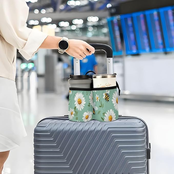 Luggage Cup Holder for Suitcases Free Hands Suitcase Cup Holder Travel Luggage Drink Holder Portable Luggage Cup Caddy Bag Carrier with Handle Mint Green Daisy Flowers and Bees