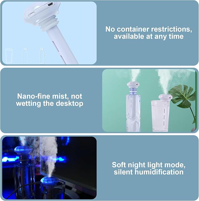 Portable Humidifiers for Travel, USB Mini Humidifier Fits Any Water Bottle or Cup Ultra Quiet Adjustable Cool Mist Personal Humidifier with Night Light