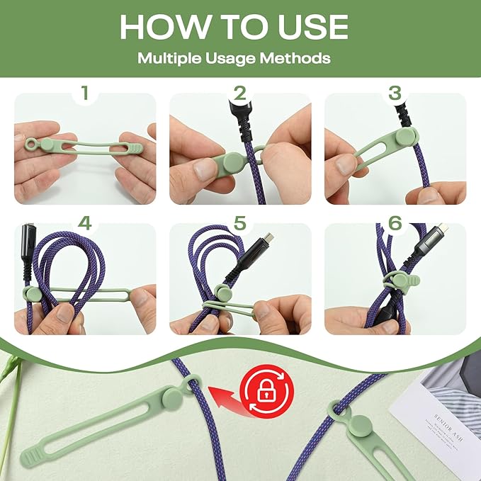 Silicone Cable Ties Reusable, 3Sizes Elastic Wire Ties for Bundling and Organization Cables, 6Colors Multipurpose Cable Straps, Cord Organizer for Appliances and Fastening Electrical Cords