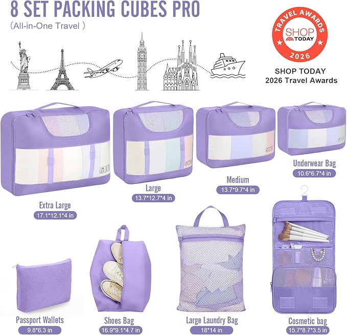Veken 8 Set Packing Cubes for Travel Essentials,Anti-Wrinkle Buckled Suitcase Organizer for Shoe & Toiletry Bag,Carry On Luggage Bag for Airplane & College Dorm Room Accessories,Women Men Gifts