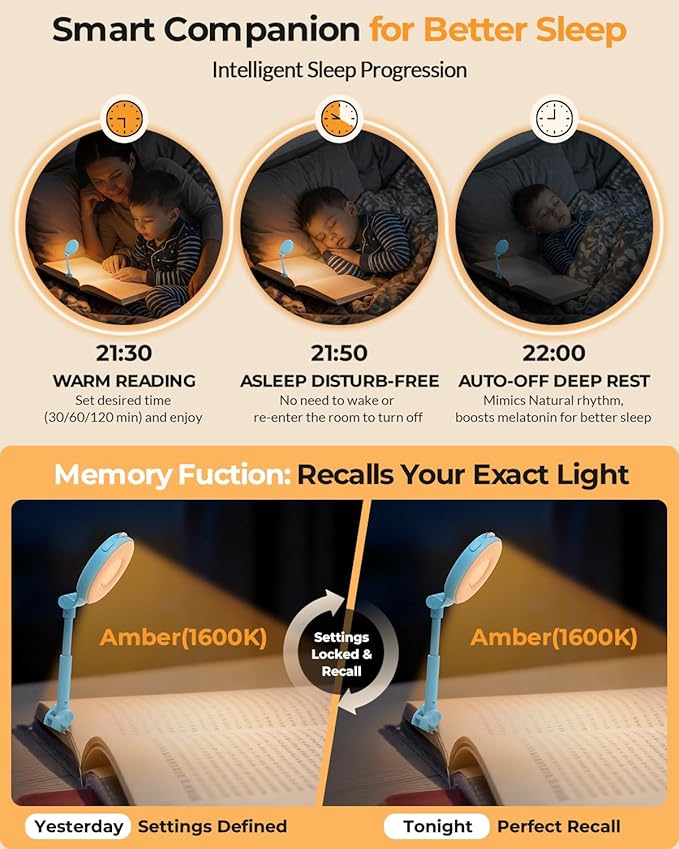 Book Light for Bed Reading at Night - 18 LED Bookmark Clip on Light with Timer, Memory, 3 Colors Dimmable Travel Camping Lamp for Kids, Boys, Outdoor Campers, Pocket-Size, Blue