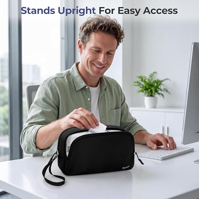 Skycase Travel Cable Organizer - Lightweight Water Resistant Dual-Layer Tech Pouch with Wrist Strap 9 Compartments Electronic Organizer Travel Case for Charger Cord Hard Drive,Small,Black