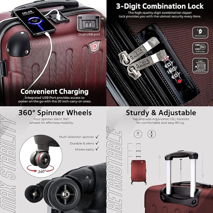 DUKAP INTELY Luggage with Integrated USB Port and Spinner Wheel | Spacious Travel Suitcase with TSA Lock and Ergonomic GEL Handle | 20 Inch Hardside Carry-On Luggage | Wine Red