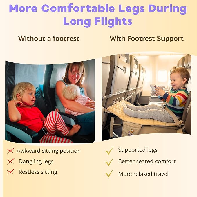 Toddler Airplane Footrest for Travel – Airplane Seat Extender for Kids with Soft Cushioned Support, Natural Cotton Surface, Adjustable Straps & Travel Pouch – Comfortable Leg Support for Flights