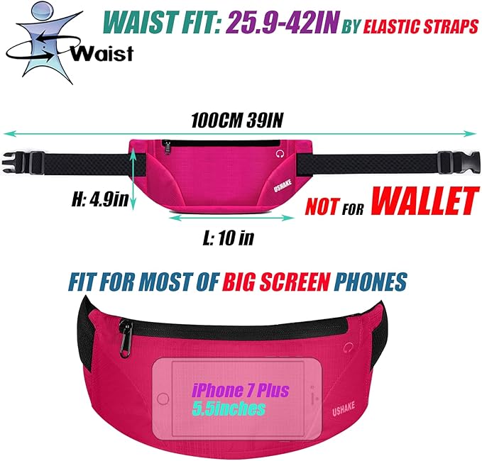 USHAKE Running Belt,Men or Women Ultra Light Bounce Free Waist Pouch Bag Fitness Workout Belt Sport Waist Pack Exercise Waist Bag for iPhone Samsung LG in Running Gym Marathon (Red)