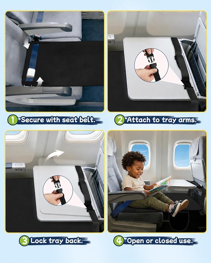 Toddler Airplane Bed, Airplane Seat Extender for Kids, Kids Travel Bed for Long Flights, Portable Plane Footrest, Soft Velvet Leg Support, Machine Washable, Non-Slip, Black