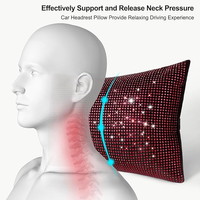 surpassme 2PCS Rhinestone Car Headrest Neck Pillow for Driving with Bling Bling Crystal Bow Pillow Car Accessories for Women (Red)