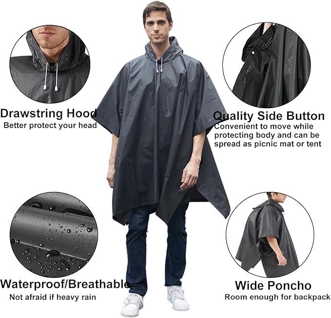 Rain Ponchos for Adults, 2 Pack Raincoats Jacket Reusbale with Drawstring Hood Sleeves for Women Men