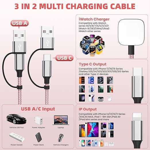 3 in 2 Multi Charging Cable for iWatch Charger/IP/USB C, Travel Cruise Essentials for Car Charger,4FT Nylon Charging Cable USB C/A Phone Charger for iWatch Series/iPhone 17-11/iPad,Home/Office/Car Use