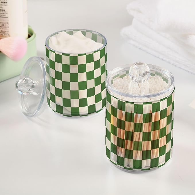 2 Pack Qtip Holder Organizer Dispenser Green White Checkered Pattern Bathroom Storage Canister Cotton Ball Holder Container for Cotton Pads/Swabs/Floss