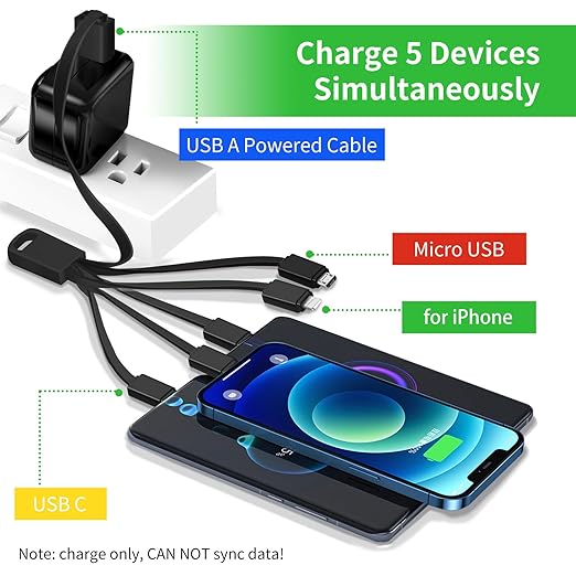 Herfair Multi Charging Cable (2-Pack) Universal Charger Cord 6-in-1 Powering Wire Lead for Multiple Devices with iPhone Type C Micro USB Connectors for Travel Fast Charge Electronics (Black)
