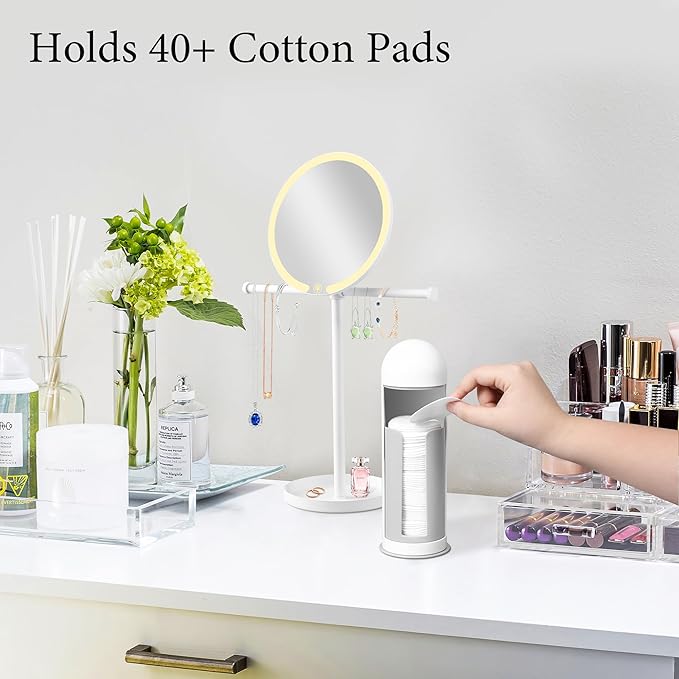 bodkar Cosmetic Cotton Pad Rounds Holder with Rotating Lid, Cotton Pads Dispenser Modern White Plastic Organizer Storage