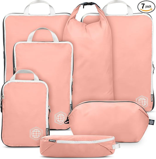 Large Compression Packing Cubes for Travel-Packing Cube Luggage Organizers 7 Piece Set for Checked Luggage-Ultralight, Expandable/Compression Bags by TRIPPED Travel Gear (Dusty Rose)
