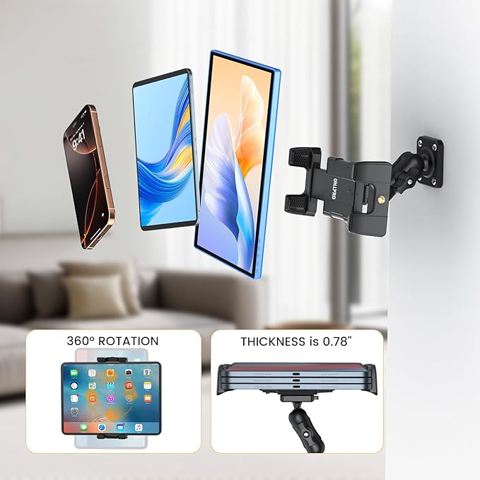 OHLPRO Tablet Wall Mount Holder, 360° Rotation for 5-13" iPad mini Pro Air, Fire HD, Galaxy Tab, Switch and Phone, Drilled Base with 3" Support Arm Stand, Adjustable Tilt