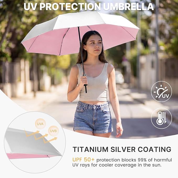 G4Free 46 Inch Mini Travel Umbrella with Retractable Handle, Pocket Size Umbrellas for Sun Rain. UV Protection UPF 50+, Small Compact Umbrella