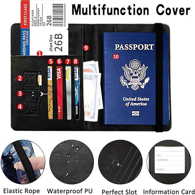 Passport Wallet, Passport Holder with RFID Blocking and Luggage Tag, Waterproof PU Leather Travel Documents Organizer Case, Passport Covers with Card Slot for Women & Men, Cat Night Starry Art