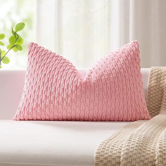 Kevin Textile Valentines 14x20 Inch Pillow Cover 1 Pack Boho Decorative Soft Striped Corduroy Lumbar Farmhouse Accent Rectangle Cushion Case for Living Room Couch Sofa Bed, Pink