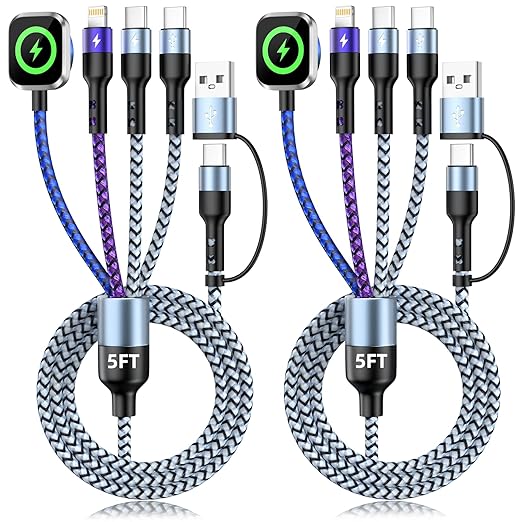 Multi Charging Cable for iWatch Charger, 5FT 2Packs 4 in 2 Chargers for Multiple Devices, Travel Essentials USB A&C/Dual Type-C/IP Cord Compatible with iWatch/iPhone 17-11/Car