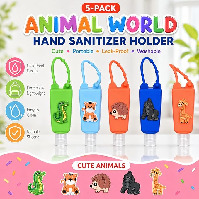 5-Pack Cartoon Kids Hand Sanitizer Holder, 30ml Travel Size Refillable Bottles with Silicone Case, Leak-Proof Portable Containers for Lotion & Liquid Soap (Animal Friends)