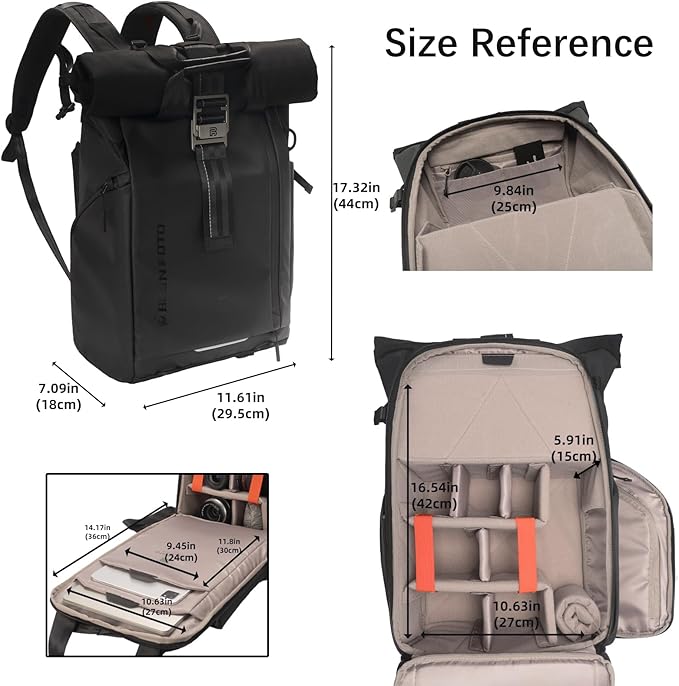 Besnfoto Waterproof Camera Backpack, Rolltop Photography Bag for Photographers, Expandable DSLR Mirrorless Case with 15.6" Laptop Compartment, Quick Side Access & Tripod Holder for Hiking Travel