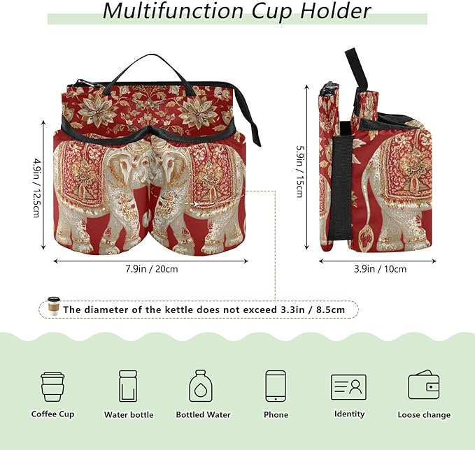 Luggage Cup Holder for Suitcases Free Hands Suitcase Cup Holder Travel Luggage Drink Holder Portable Luggage Cup Caddy Bag Carrier with Handle Red Retro Elephant Flowers