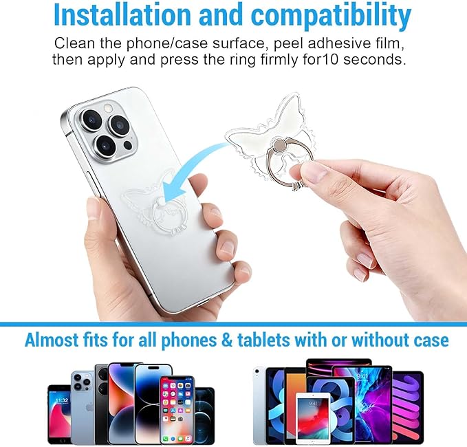2PcsTransparent Phone Ring Holder Grip, Clear Butterfly Cell Phone Ring Holder Stand with Diamonds,360°Rotation Finger Grip Ring Kickstand Compatible with Most Smartphones,Tablets and Case