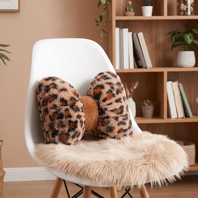 Macarrie 2 Pcs Car Neck Pillow Velvet Bow Headrest Pillow Soft Comfortable Seat Neck Support Cute Bow Car Accessories for Driving Travel Driver Chair Girl Style Interior Decor (Leopard)