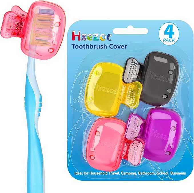 Hxezoc 4 Pack Travel Toothbrush Head Covers Toothbrush Protector Cap Brush Pod Case Protective Portable Plastic Clip for Household Travel, Camping, School, Bathroom, Business
