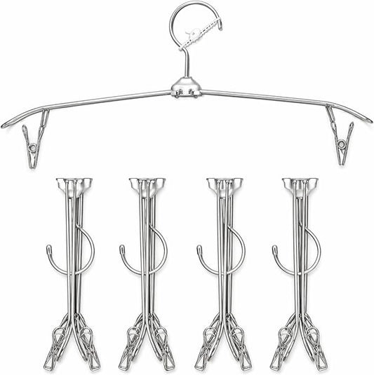 5 Pack Silver Travel Hangers with Clips, Portable Stainless Steel Folding Clothes Hangers with Windproof Hook, Heavy Duty Non-Slip Space Saving Hangers for Cruise Essentials, Camping, Hotel