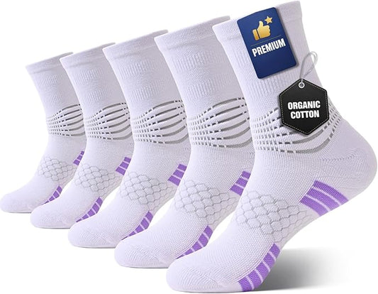 Women’s Cotton Crew Compression Socks 5 Pairs Breathable Skin-Friendly with Targeted Ankle Support & Dry-Fit