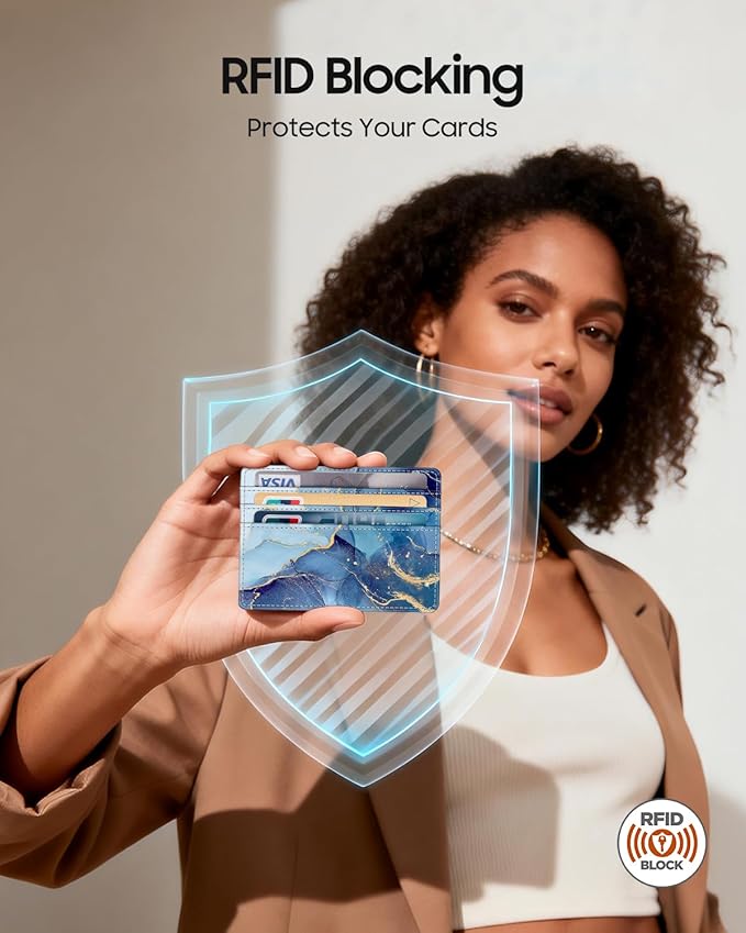 FINTIE Slim Minimalist Front Pocket Wallet, RFID Blocking Credit Card Holder Card Cases with ID Window for Men Women, ocean marble