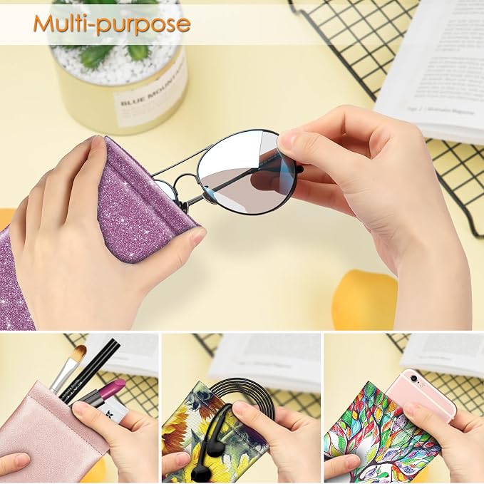 FINTIE Soft Eyeglasses Case with Cleaning Cloth, Portable Squeeze Top Vegan Leather Glasses Pouch, Sunglasses Eyewear Bag