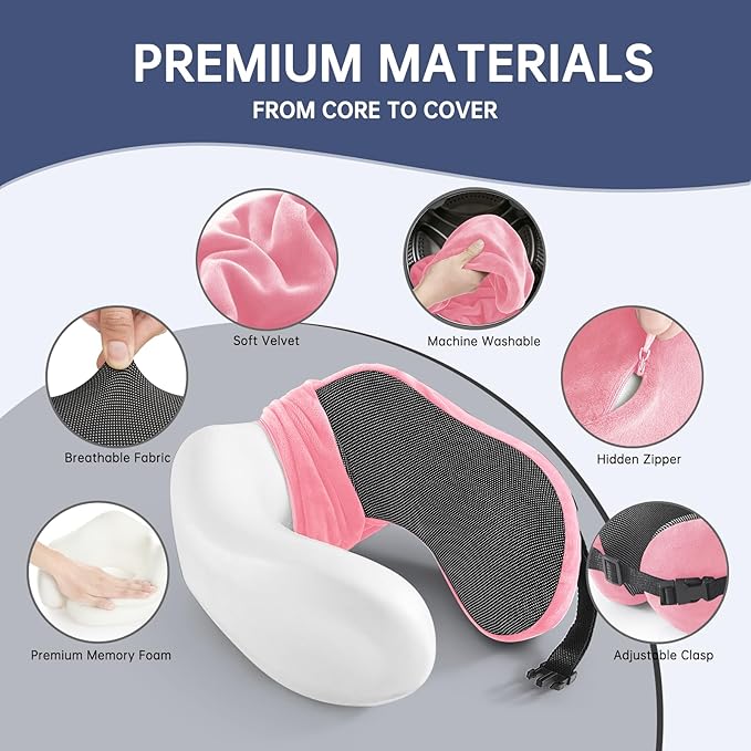 Neck Pillow Travel Pillow - 100% Pure Memory Foam Airplane Pillow with Adjustable Clasp & Removable Cover, Portable Travel Essentials for Long Flights, Car & Office (Pink, with Eye Mask)