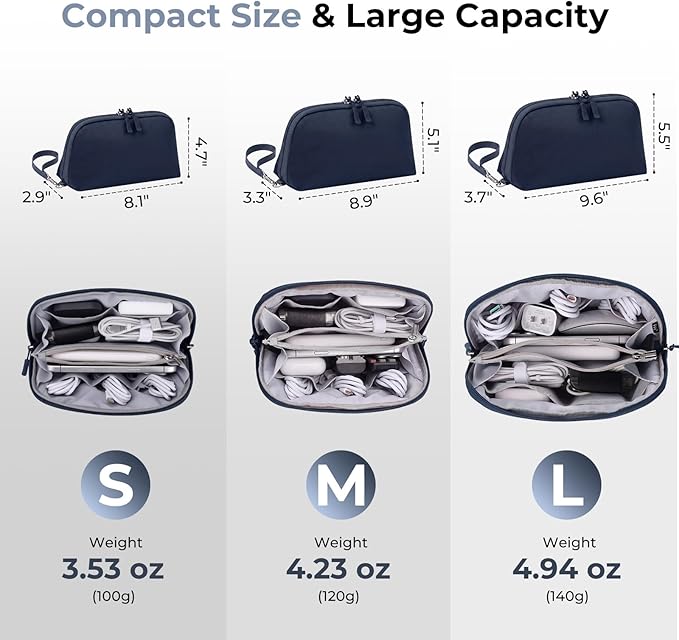 FYY Travel Cable Organizer - 8 Compartments Lightweight Water Resistant Tech Pouch with Wrist Strap, Portable Electronic Accessories Case for Cord Charger Storage for Travel Home Office Navy (Large)