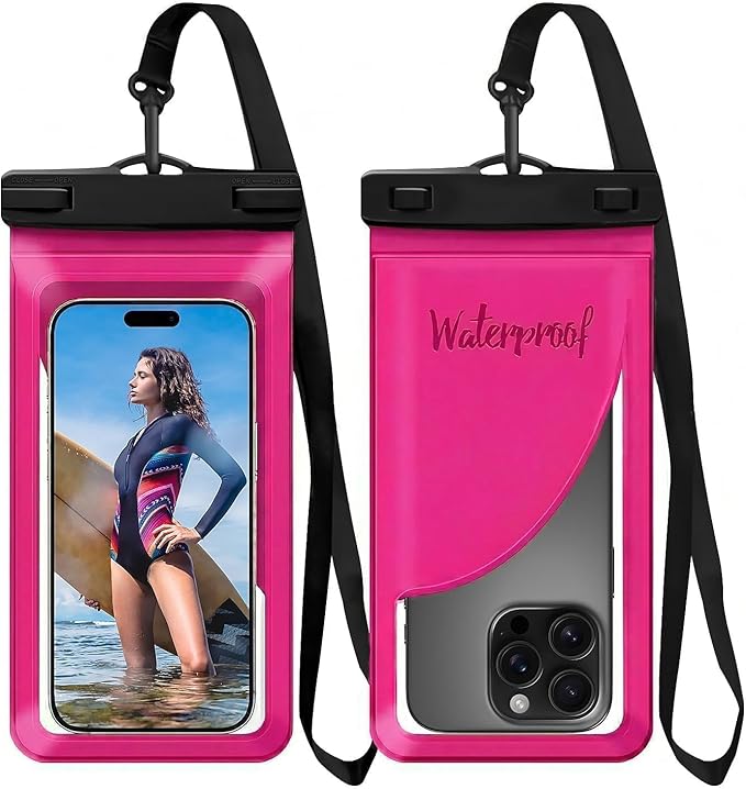 Waterproof Phone Pouch, with Interior Card Pocket, Large Waterproof Phone Case for iPhone 17 16 Pro Max, IPX8 Lightweight Cellphone Dry Bag, Beach Cruise Ship Essentials,1 Pack-Rose red-8.3″
