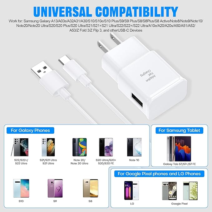 Fast Charger for Samsung Fast Charging Quick Charger USB Type C 6.6ft Cord Cable for Samsung Galaxy Phone S10/S9/S8/Plus/A51/A52/A53/S25/S24/S23/S22/S21/S20/Ultra/Note20/Note10/Note9/Note8/White